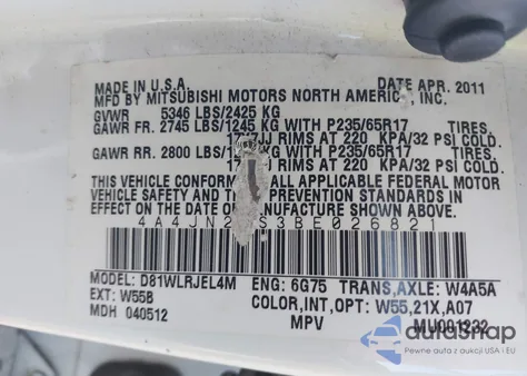 2011 Mitsubishi Endeavor z USA, uszkodzony, nr VIN 4A4JN2AS3BE026821